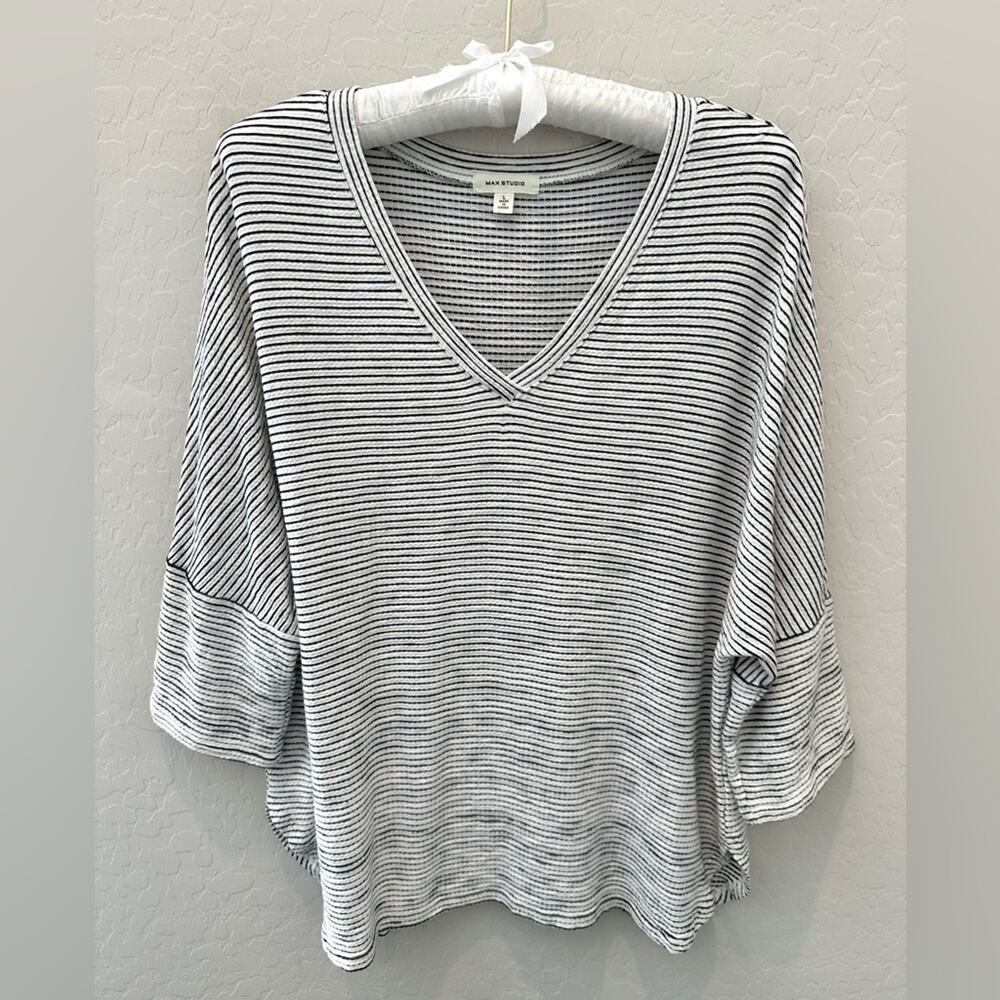 MAX STUDIO Black White Stripe V-Neck Dolman Sleeve Knit Top Large Casual